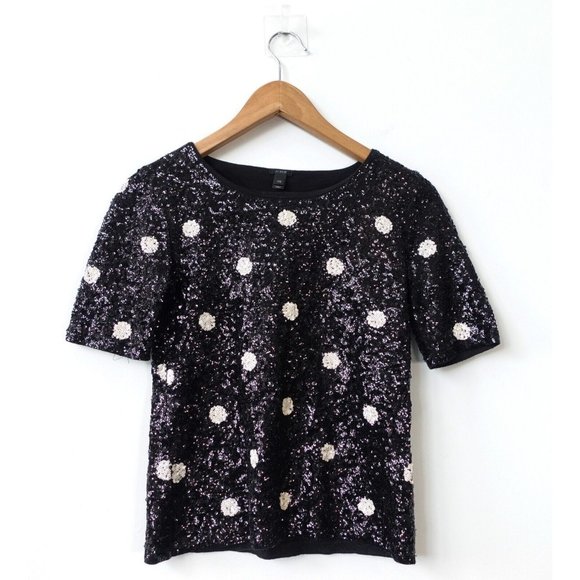 Black Sequin Top Women 2XS Cotton Blouse Party Club Allover Sparkle Bling J CREW - Picture 1 of 8